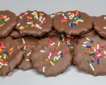 chocolate covered waffle cone chips with rainbow sprinkles