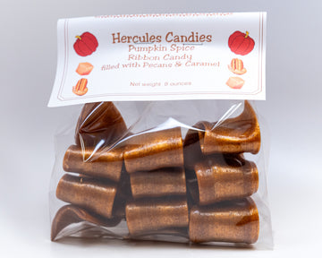 8 ounce bag of pumpkin spice ribbon candy with pecans and caramel